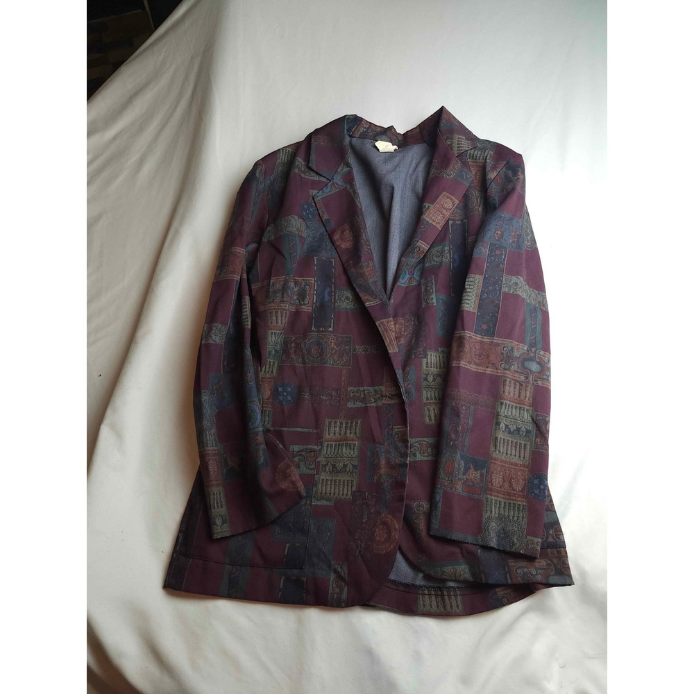 Vintage Claude Burgundy Geometric Tapestry Print Blazer Jacket USA Womens Medium